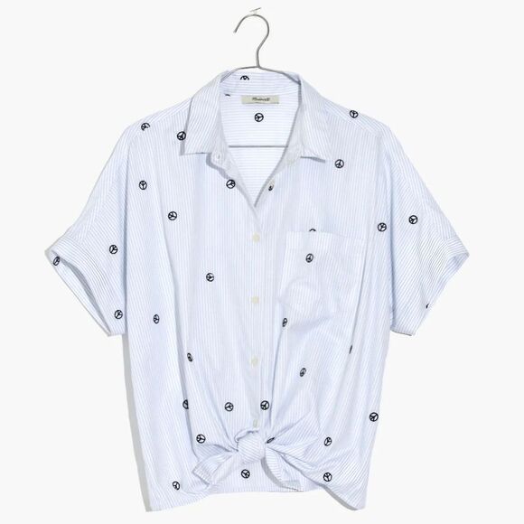 NWT Madewell | Embroidered Peace Sign Short-Sleeve Tie-Front Shirt Women's Small - Picture 1 of 7